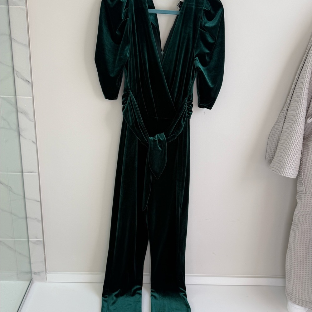 Adelyn Rae Emerald Green Velvet Wrap Jumpsuit with Self-Tie Belt